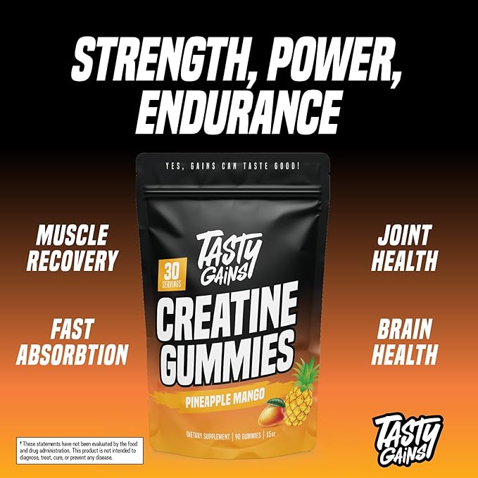Creatine Gummies - 90g of Creatine Monohydrate - Workout Supplements - Build Muscle & Boost Strength for Men & Women - Made in USA - Non GMO - Vegan Friendly (Large, Pineapple Mango)