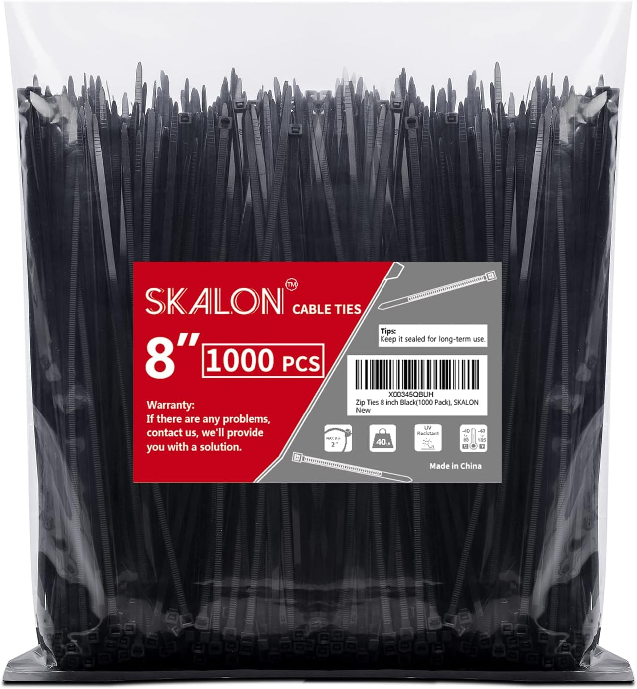 SKALON 8 inch (1000 Pack), 40lbs Zip Ties Tensile Strength, Black Cable Ties, Wire Ties for indoor and outdoor use, by
