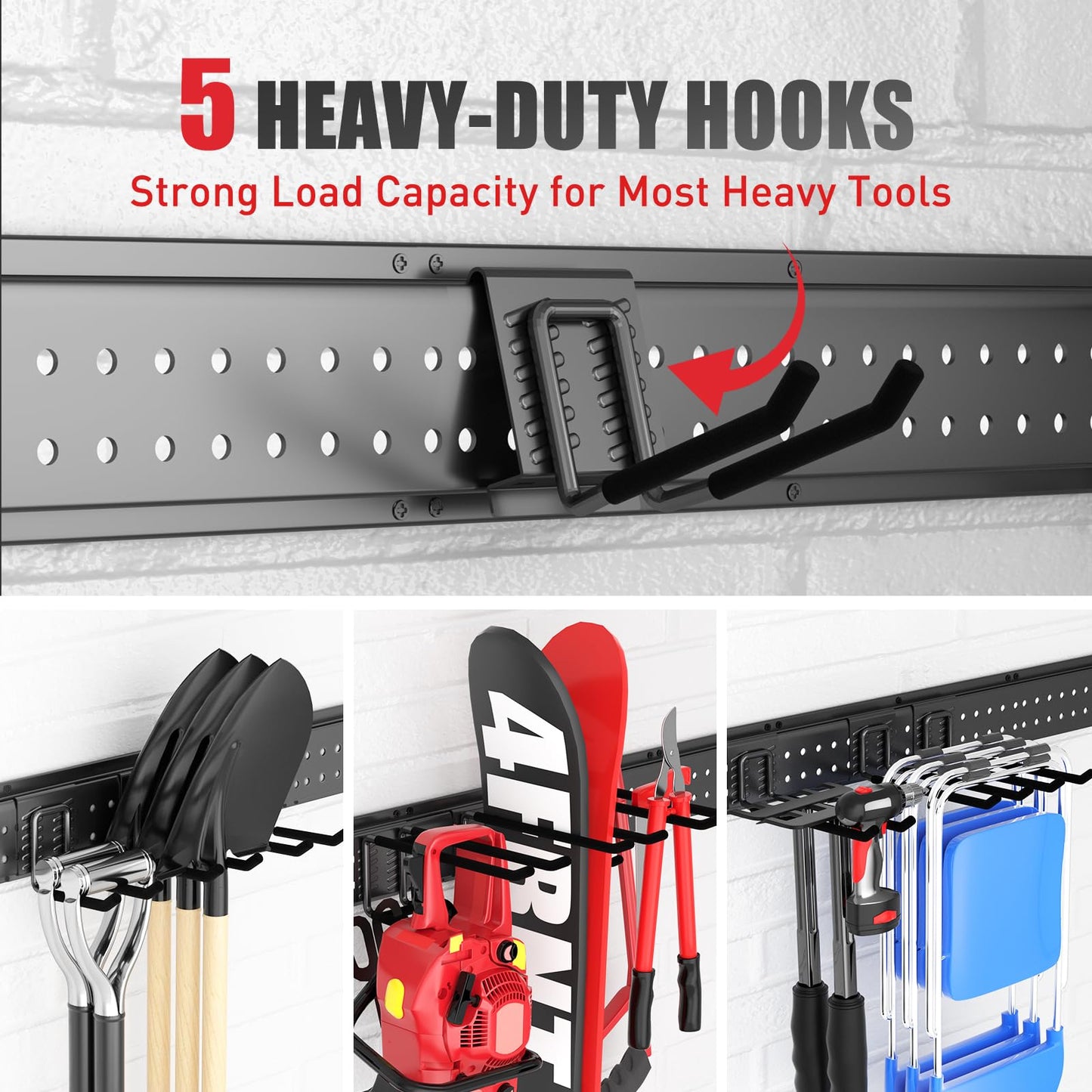 ZICANYCO Garage Tool Organizer Wall Mount 48 inches with 10 Adjustable Heavy-Duty Hooks, Garage Organization, Garden Tool Storage Rack, Yard, and Shed, Holds Up to 400 lbs