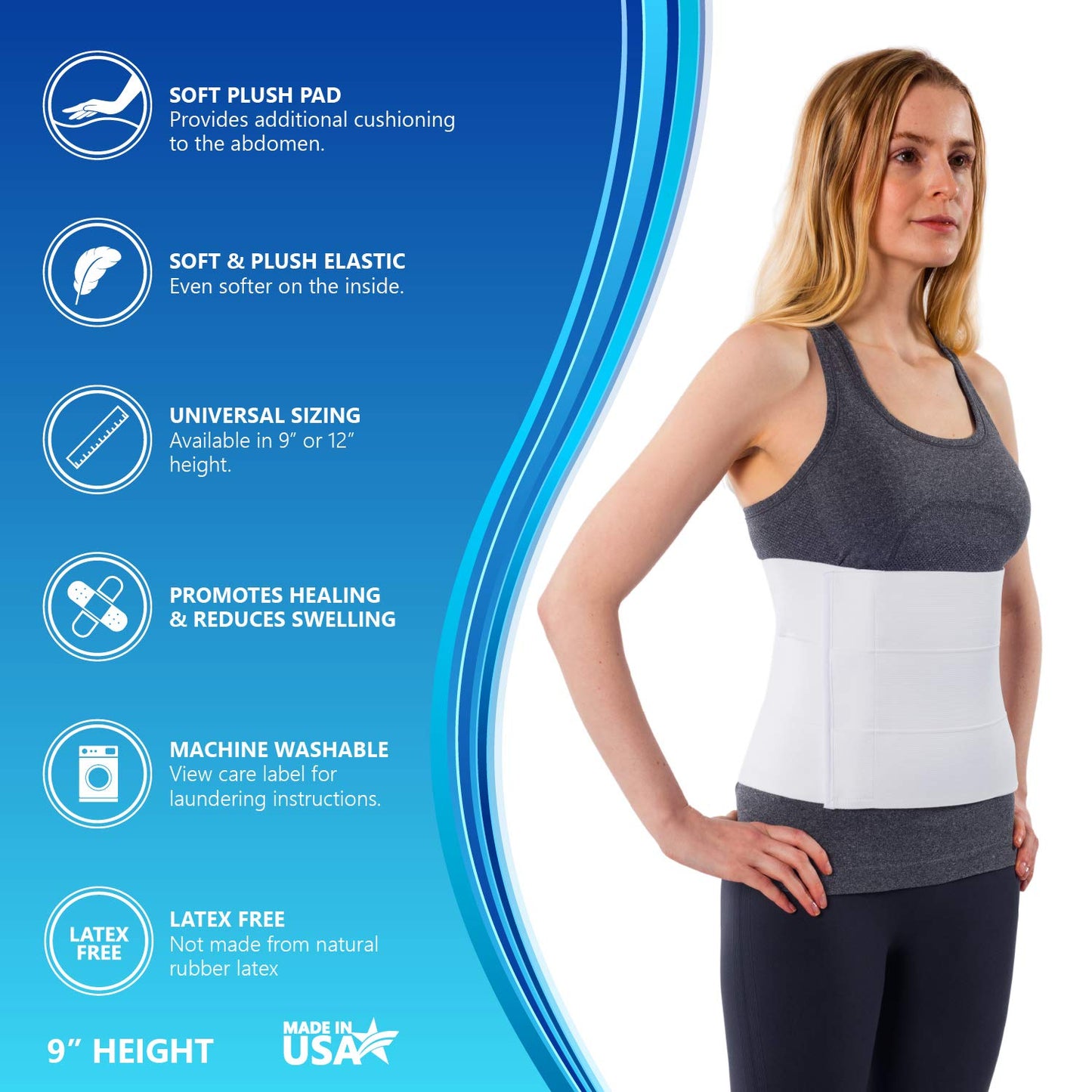 NYOrtho Abdominal Binder for Women - Soft Belly Wrap for Post-Surgery Recovery, Swelling, Hernia & Core Support - Plush, Adjustable, Latex-Free Compression Belt - 3 Panel 9" High - Small 30"-45"