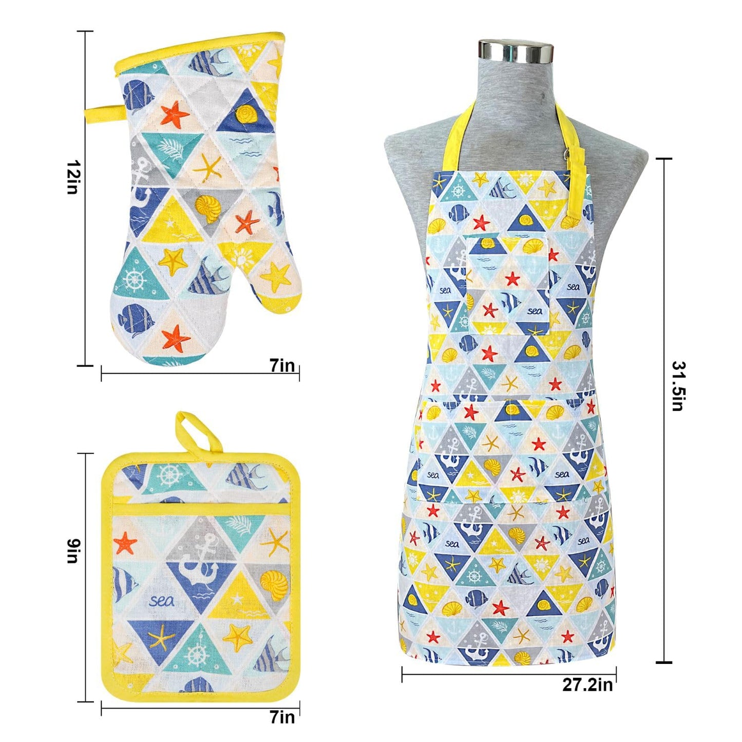 Alselo Oven Mitts and Pot Holders with Chef Apron,Set of 5 Heat Resistant Kitchen Gloves and Silicone Non-Slip Potholders Adjustable Neck Buckle Apron, Cotton Nice Design for Cooking (Sea Fish)