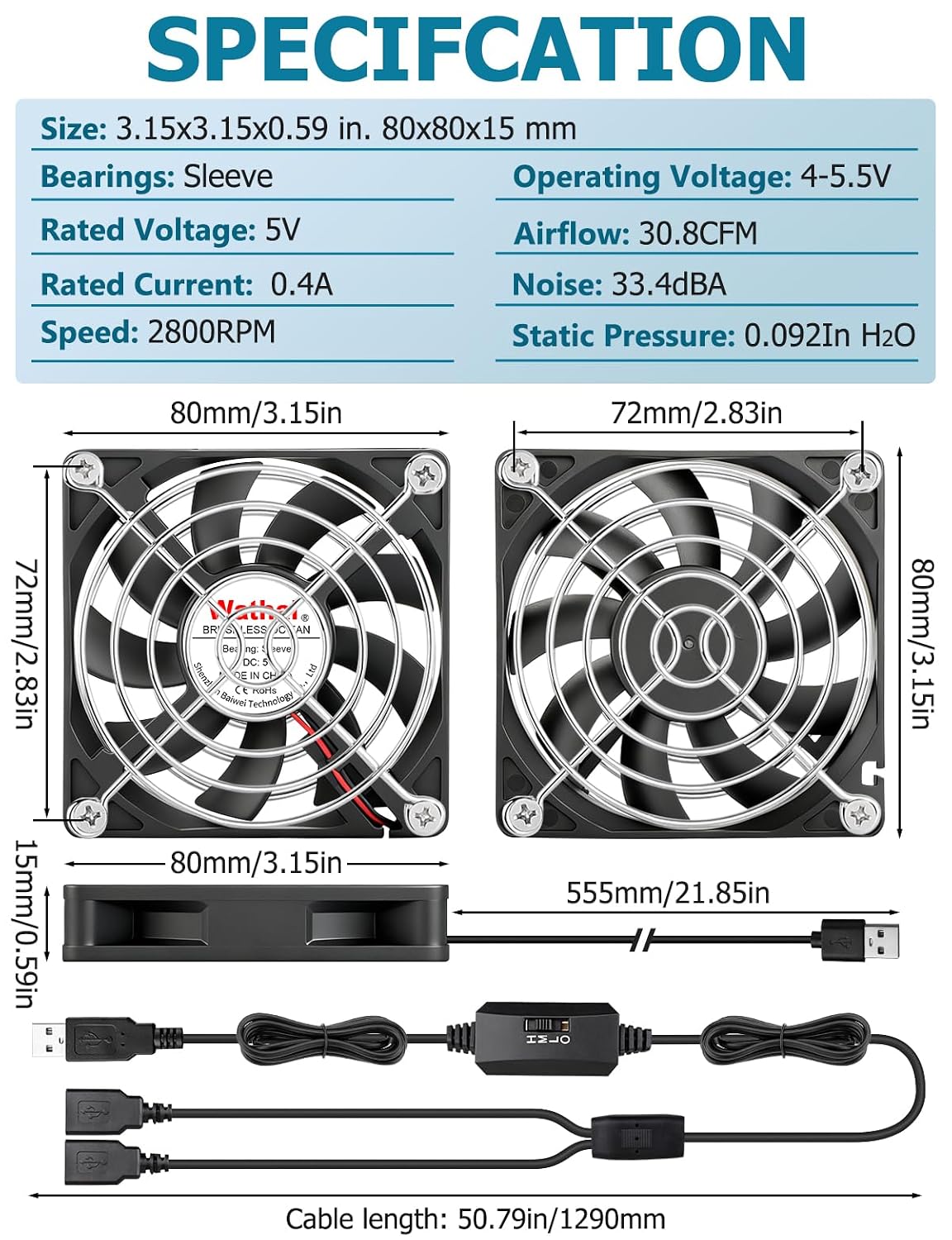 2PCS 80mm 15mm 2 1 PS4 PS5 Wathai x Small USB Fan, USB Cooling Fan in for AV Receiver Flat Panel Xbox DVR Router TV Box