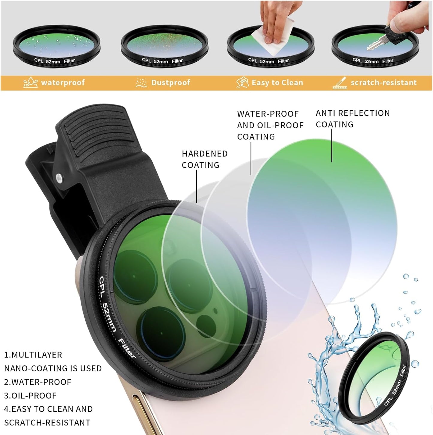 Beysfilter 52MM 16 15 14, CPL Filter for Phone, Clip-on Circular Polarizing Lens, HD Multi-Coated Optical Glass, Camera