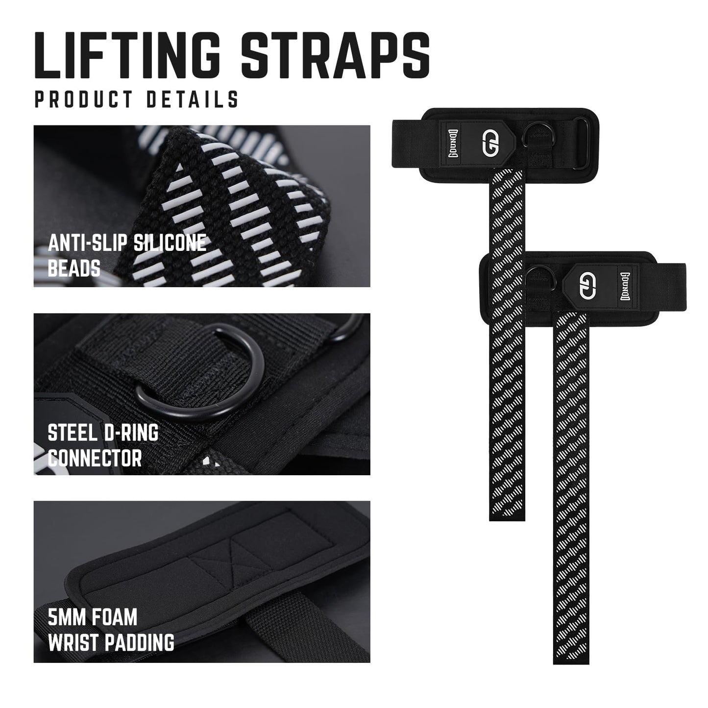 GOUNOD Lifting Wrist Straps with D Ring for Weightlifting & Gym – Heavy Duty Padded Wrist Support for Men & Women – Non-Slip Hand Grip Straps for Deadlifts, Pull Ups, Cable Machines & Bodybuilding