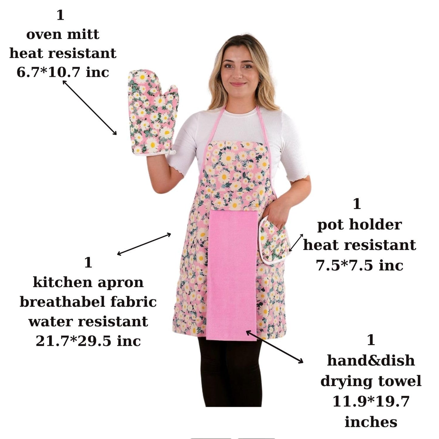 OceanSSH Floral Kitchen Apron and Oven Mitt Set-(4 pieces); Multicolor Waterproof Apron - Oven Mitt - Pot Holder - Hand Towel (pink)