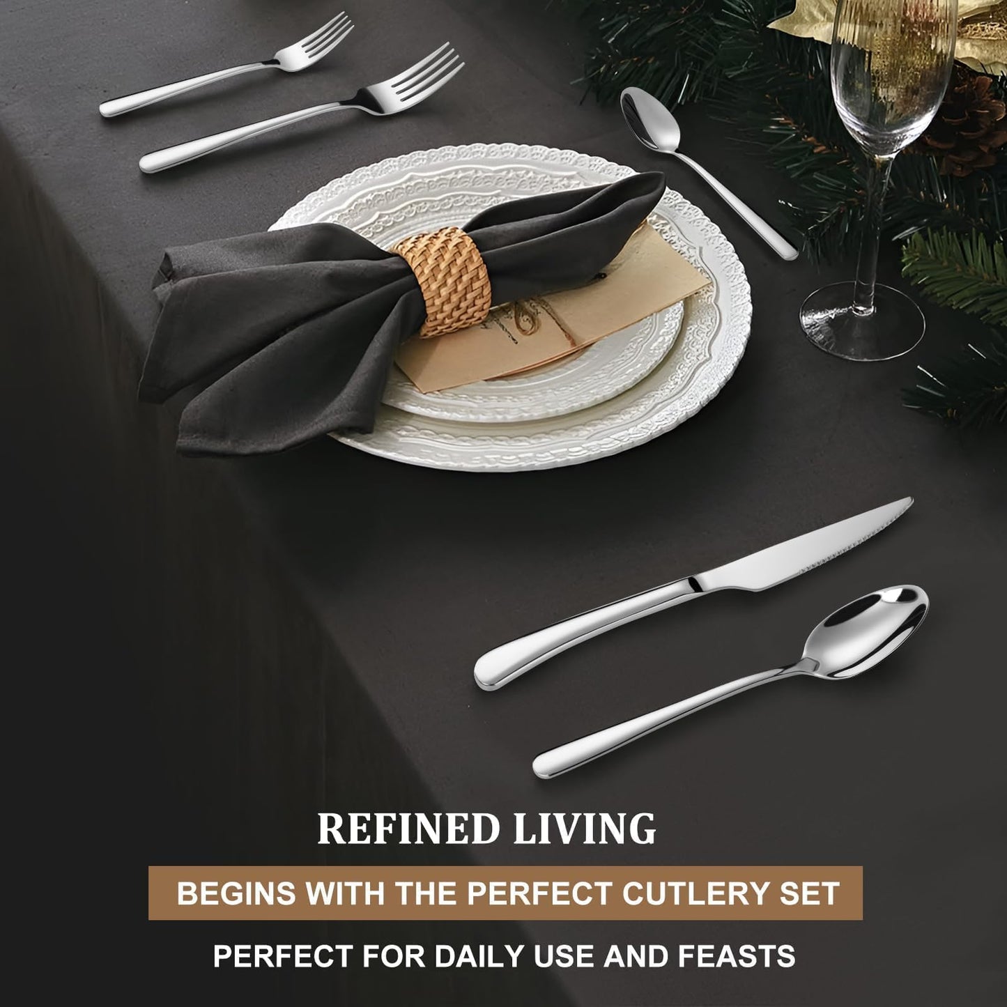 TAN REN Silverware Set for 8, 40-Piece Stainless Steel Flatware Sets, Heavy Duty Forks and Spoons Silverware Set with Dinner Knives, Mirror Polished Cutlery Sets, Dishwasher Safe Kitchen Utensils