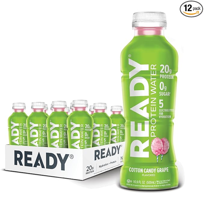 Ready® Protein Water ??20g Whey Protein Isolate, Zero Sugar, Low-Calorie Sports Drink for Hydration & Recovery ??Electrolytes, Essential Amino Acids ??Cotton Candy Grape, 16.9 fl oz Bottles (12-Pack)