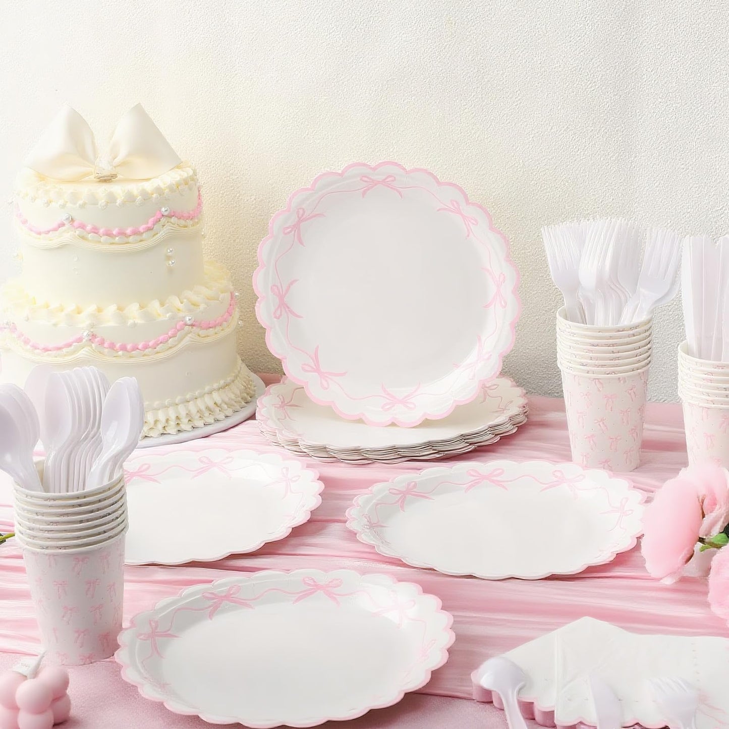 Sieral 144 Pcs Pink Scalloped Bow Party Supplies Coquette Cute Party Supplies Bachelorette Tableware Set Bow Paper Plates Napkins Cups for Girl Boy Baby Shower Wedding Birthday Decoration