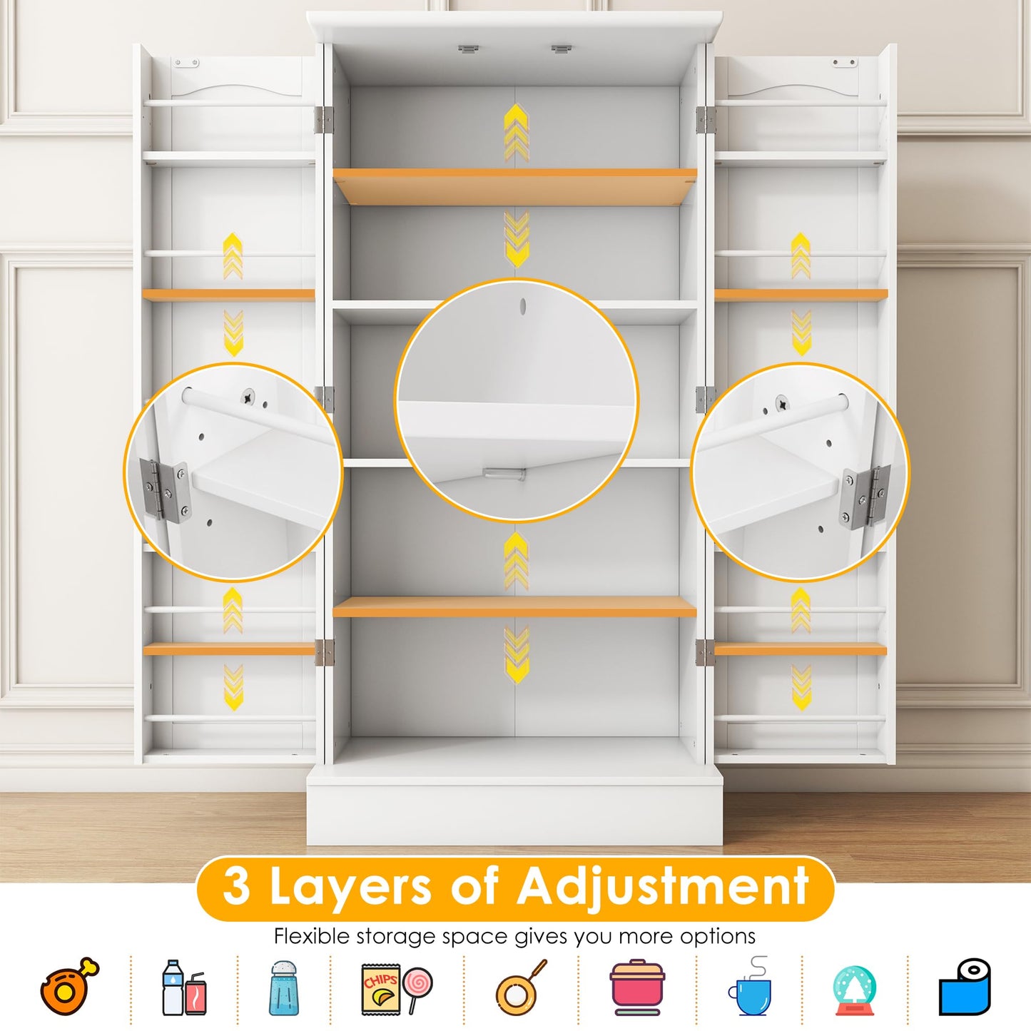 kepptory 47” Pantry Cabinet, Kitchen Pantry Storage Cabinet with Doors and Adjustable Shelves,Freestanding Buffet Cupboards Sideboard for Living Room and Dinning Room (White)