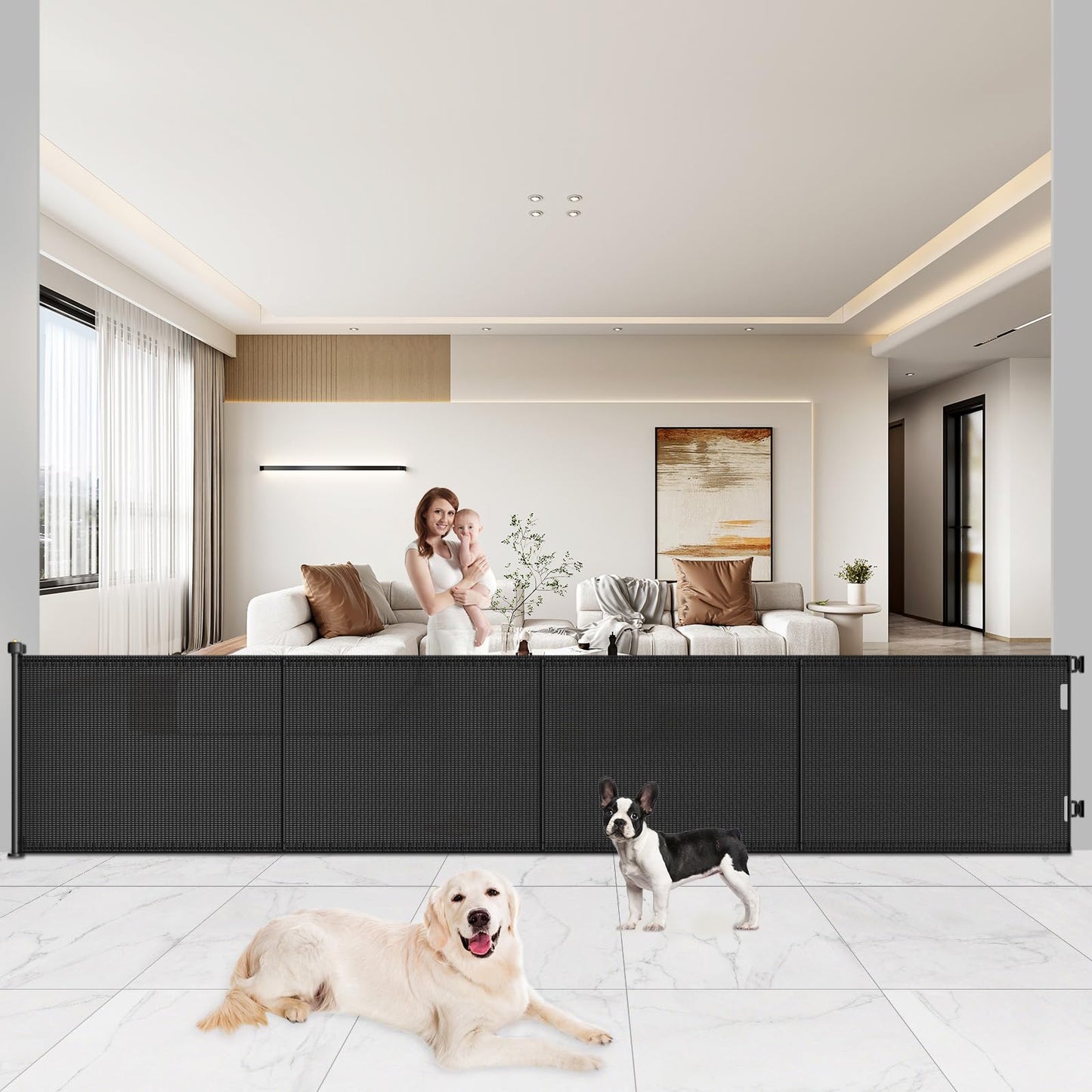 Pawtners Retractable Baby Gates Extra Wide, 41" Tall Extends up to 200" Wide, Dog Gate Indoor for Stairs, Pet Gate with Support Rods for Doorways Hallways Garage Indoor & Outdoor-Black
