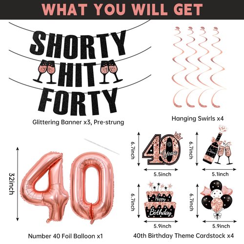 40th Birthday Decorations for Women, Black Rose Gold Happy 40th Birthday Banner Pre-Strung Shorty Hit Forty Banner Funny 40 Foil Balloons Cheers to 40 Hanging Swirls Party Supplies Sign 8PCS