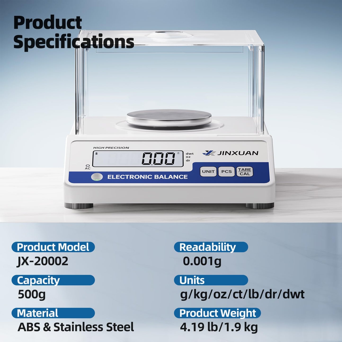 JINXUAN Lab Scale 0.001g Accuracy 500g Digital Milligram Scale Analytical Balance Scale with Windshield LCD Display 7 Units 200g Calibration Weight, Precision Scale for Jewelry Gold Powder Chemistry