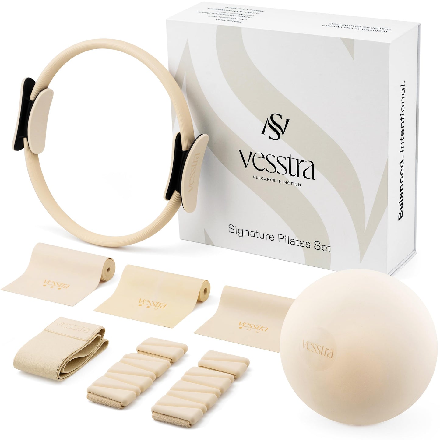 Vesstra Signature Pilates Set - Complete Pilates Kit with Ring, Ball, Wrist and Ankle Weights & Resistance Bands for Home or Studio Workouts