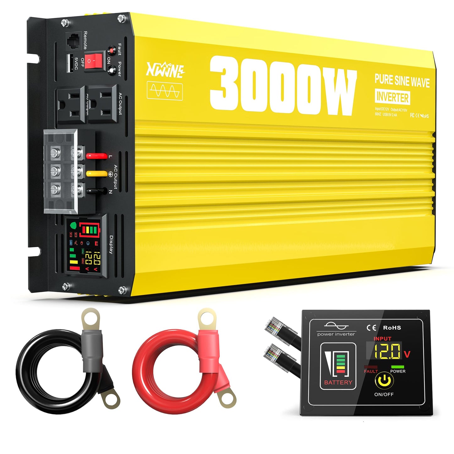 XWJNE 3000W Pure Sine Wave Power Inverter 12V DC to 120V AC Converter with LED Display and Remote Controller for Home, RV, Truck, Off-Grid Solar Power