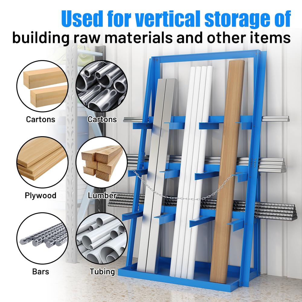Yeeoy Vertical Bar Rack, 3000 LB Capacity, Heavy Duty Long Parts Storage Rack, Lumber Storage Rack with Safety Chain, Pipe Organizer Shelf for Garage Workshop Factory, Blue