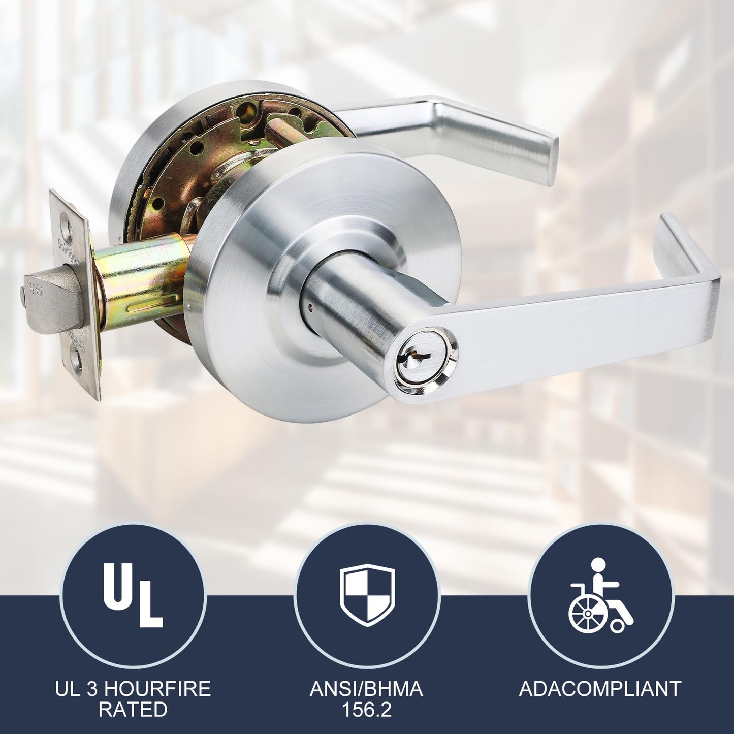 Golingda Grade 2 Comercial Door Entry Handles Door Locks with UL and 400000 Cyles Test, Made from Satin Chrome with Heavy Duty Lever Handles