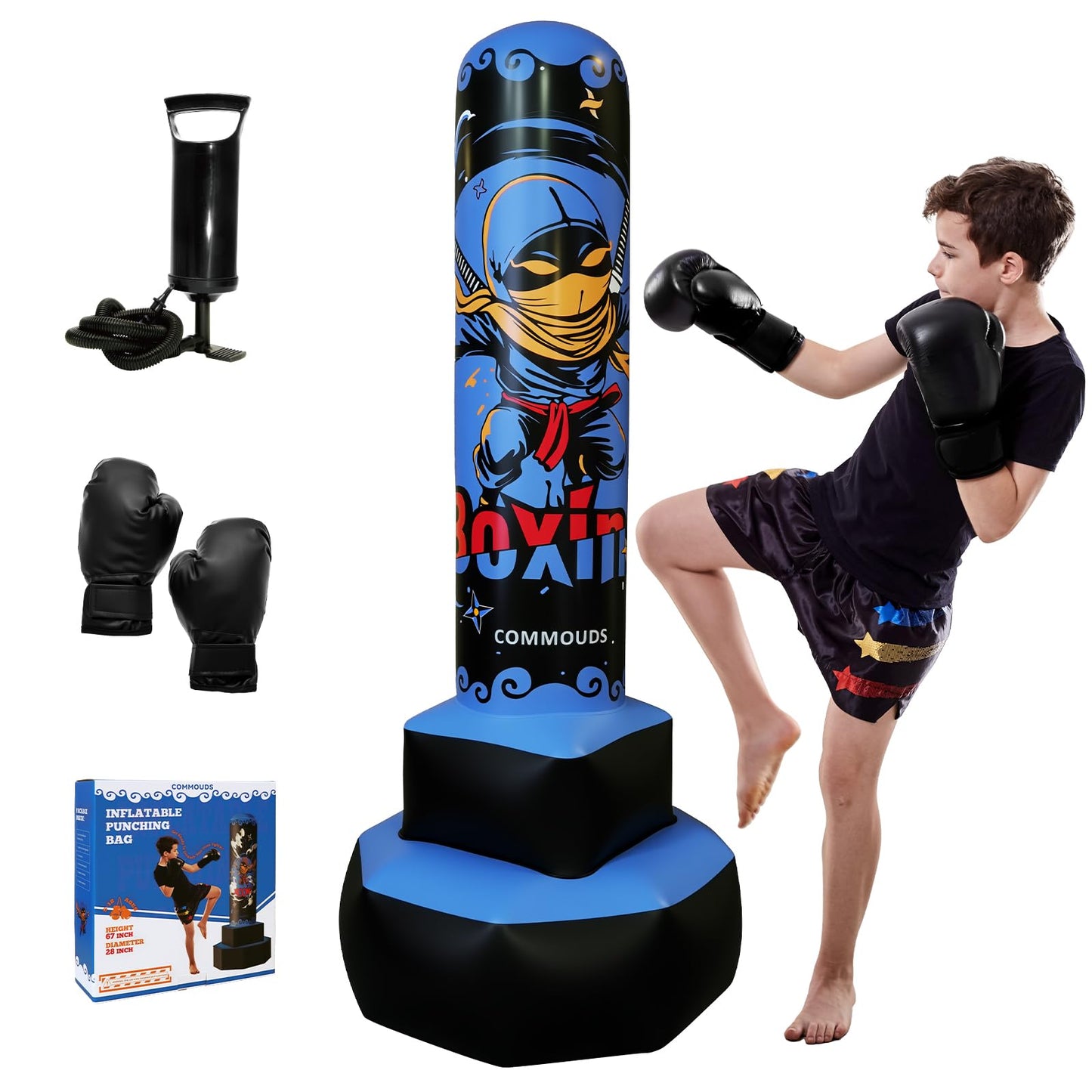 COMMOUDS 67inch Punching Bag for Kids, Inflatable Kids Boxing Set with Gloves, Fast Rebound Punching Bag for Practicing Karate, Taekwondo, MMA, Christmas/Birthday Gift for Boys Girls, Ages 6-14 (Blue)