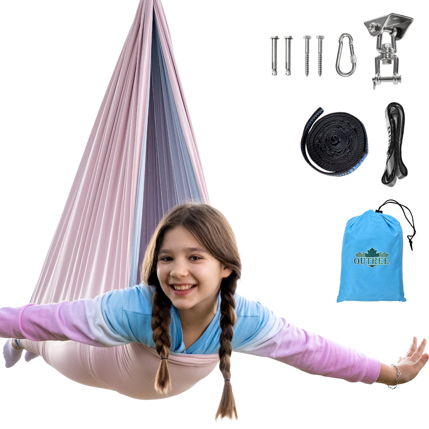 OUTREE Sensory Swing, Double Layer Therapy Swing with 360° Swivel Hanger, Healing & Relaxing Cuddle Sensory Swing for Kids and Adults with Autism, ADHD, Sensory Processing Disorder(Pink and Gray)