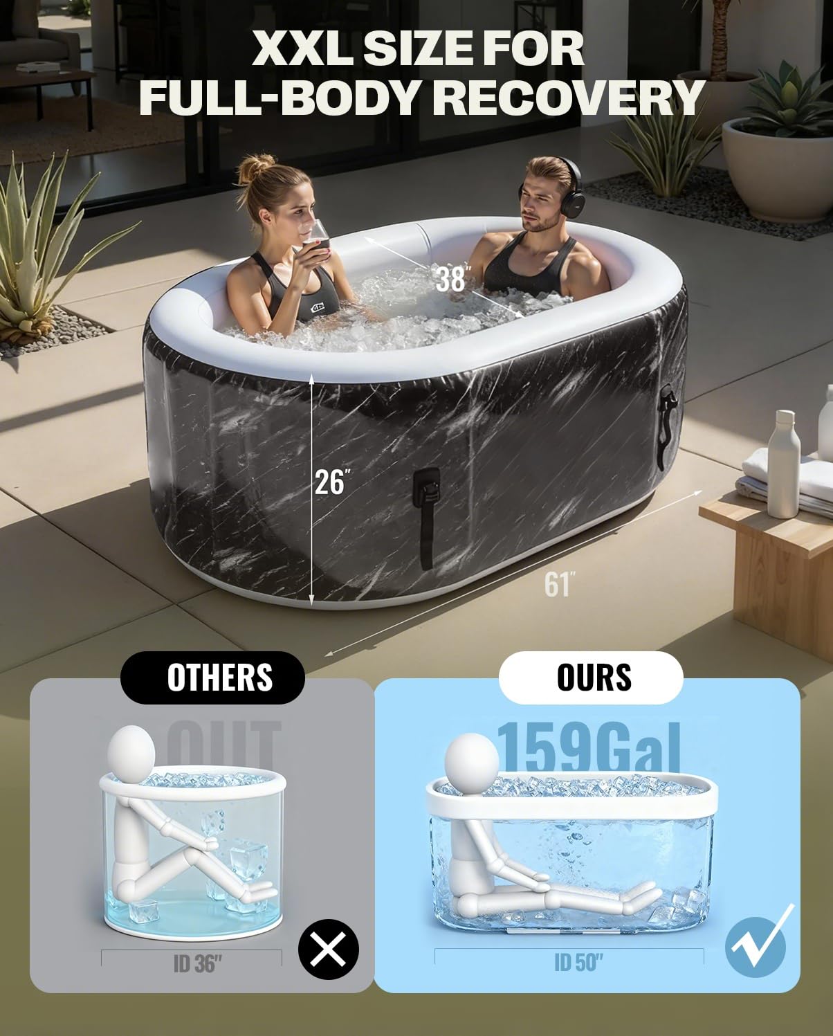 SWRORDAWN Upgrade 179 Gal XXL Ice Bath Tub Fits Tall 6'7" Athletic,Water Chiller Compatible Cold Plunge Tub for Recovery,5-Layer Portable Inflatable Ice Bathtub with Lid for Indoor Outdoor Use,Black