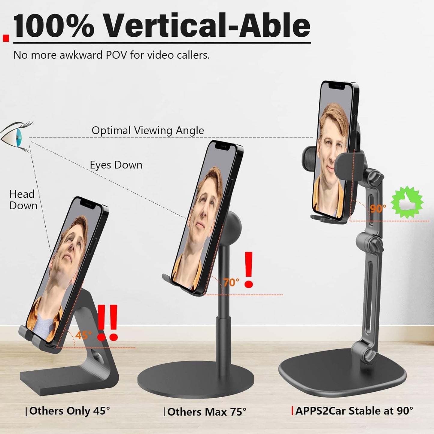 APPS2Car 360 Phone Stand for Desk [No Dropping Stable Triple-Clamp Holder] Adjustable Height Degree Rotation Heavy Base