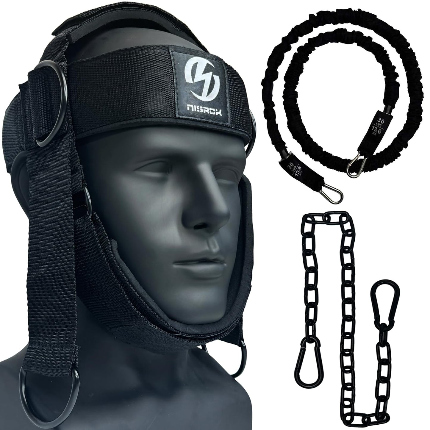 Neck Harness for Increases Neck Core Strength - Neck Exerciser with 30" Heavy Duty Steel Chain for Safely Lifting Weights Up to 280 lbs Black