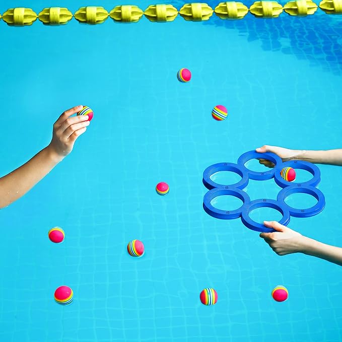 Hiboom Pool Game with Score, Combo Foam Pool Floats with 10 Colorful Tossing Balls, Toss Game Swimming Party Toys Accessories for Family Par, Dive Rings (Round,Blue)