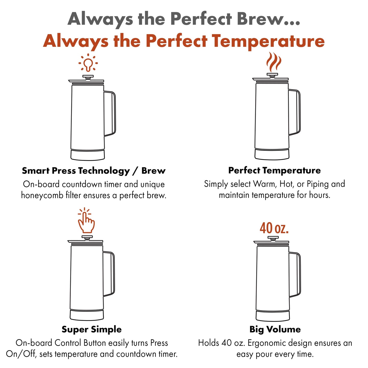 Nextmug Press - Temperature-Controlled, Self-Heating French Press (White - 40 oz.)