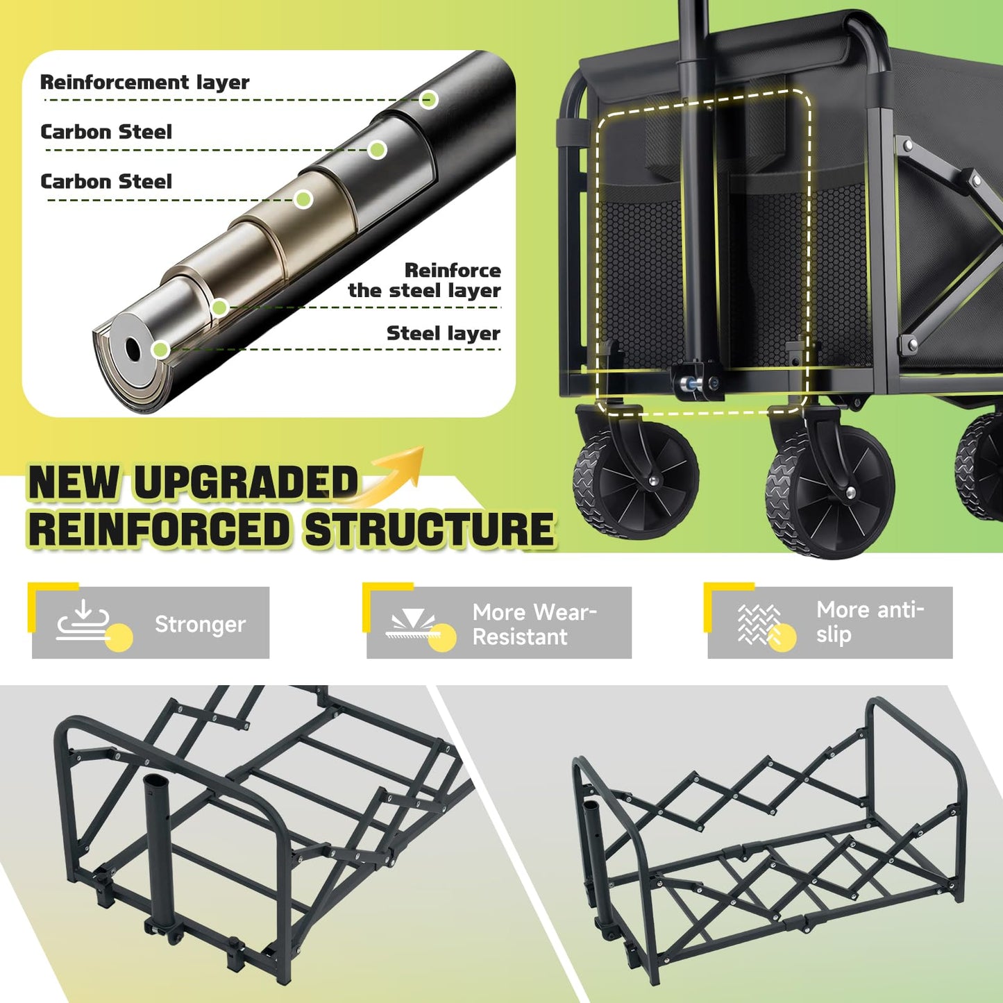 100KG Collapsible Foldable Wagon Carts - Heavy Duty Portable Folding Utility Wagons with All-Terrain Wheels for Grocery Sports Shopping Camping Garden Beach, 2 Drink Holders/Lightweight/Black