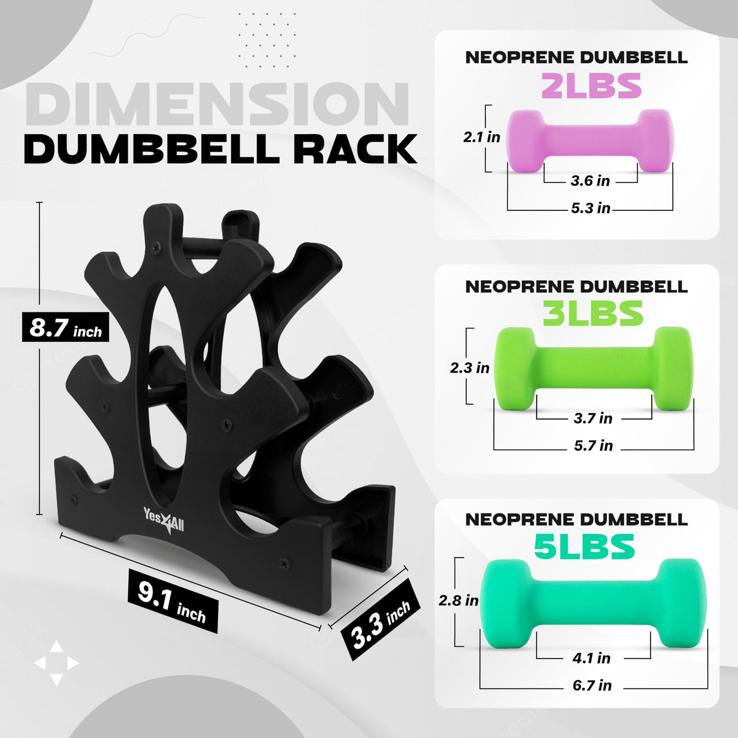 Dumbbell Neoprene 2-3-5lb pair + Plastic Rack