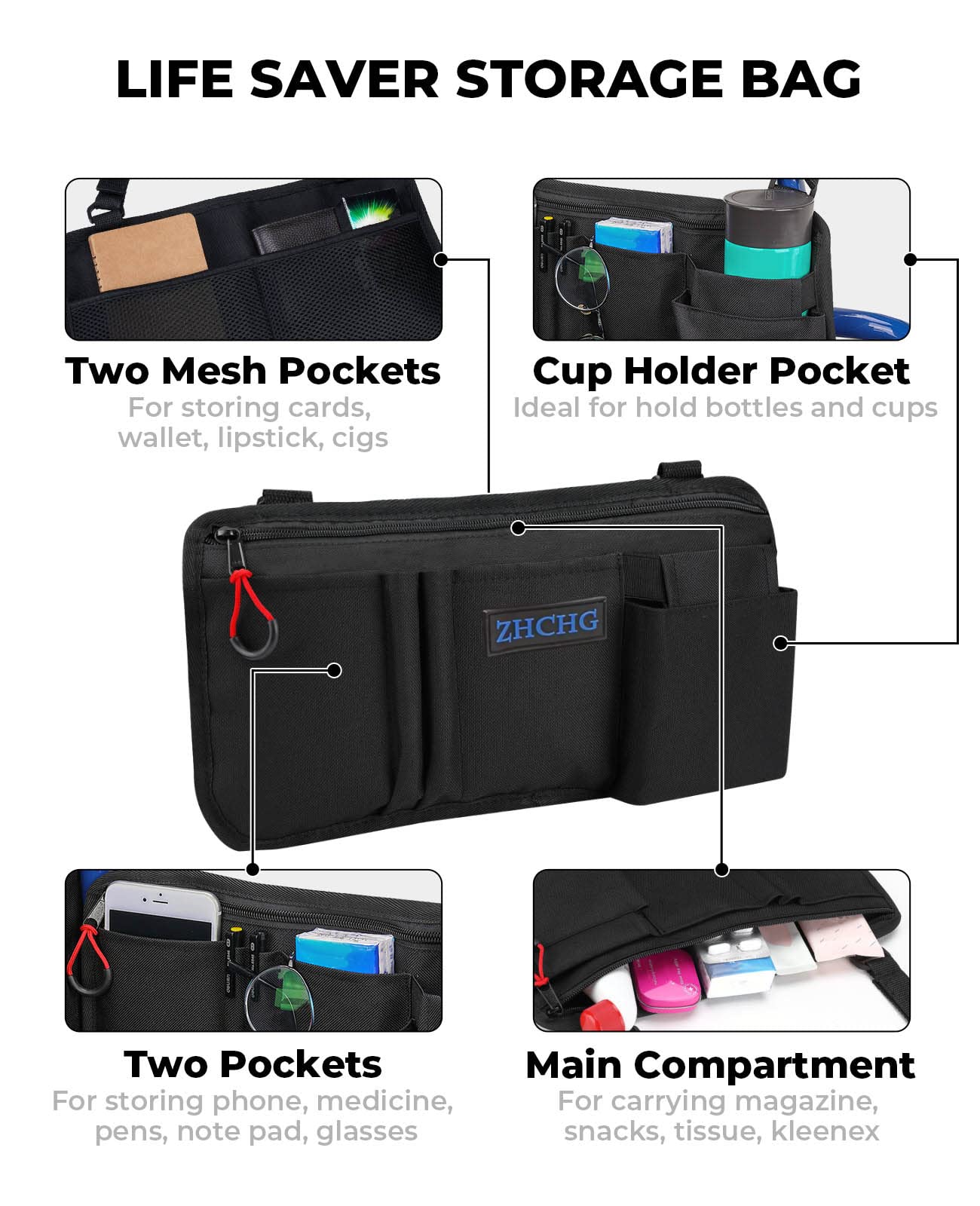 ZHCHG Wheelchair Side Bag with Cup Holder, Wheelchair Armrest Pouch Accessories for Walker, Rollator, Electric Scooter Wheelchairs, Ideal Gift for Mother's Day & Father's Day