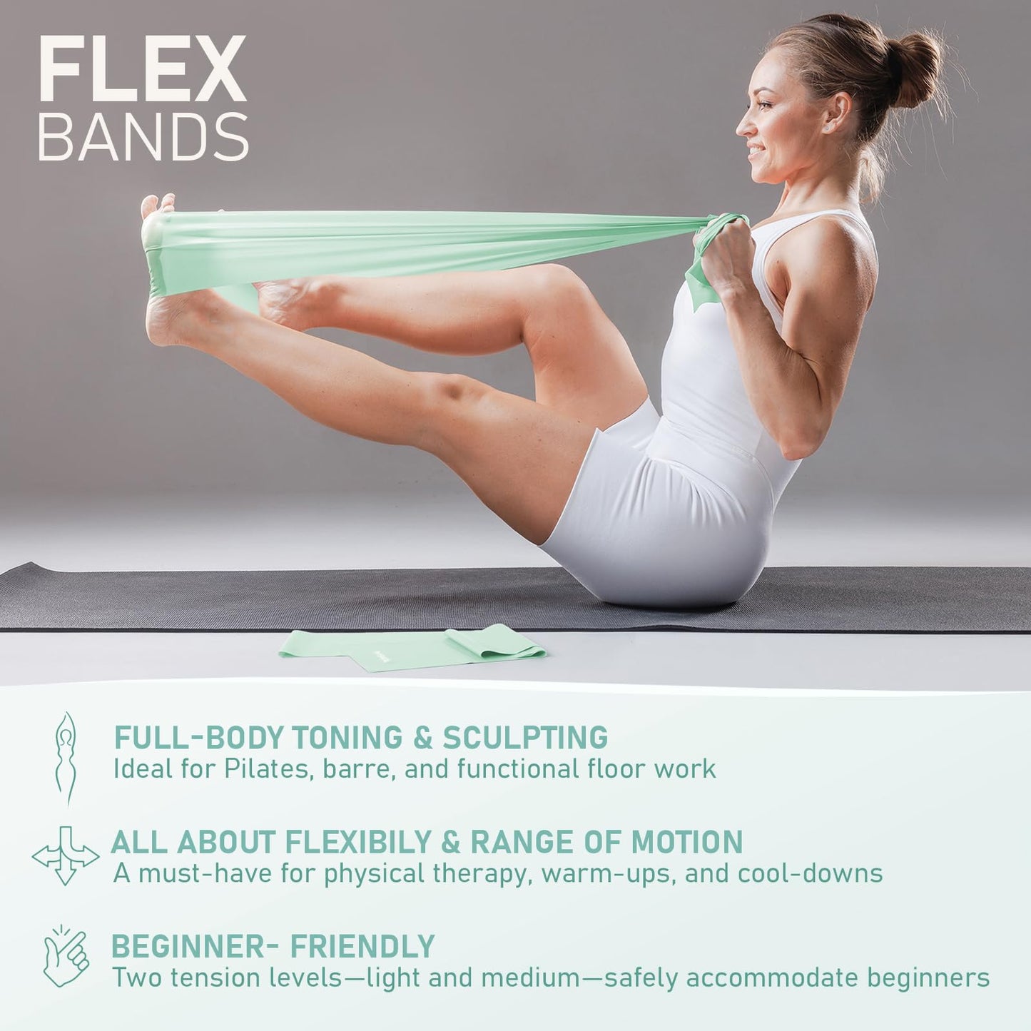 PhysKcal Pilates Ring Set, 15-Inch Magic Circle with 1x Core Ball, 3X Resistant Loop and 2X Flex Band, Mat Pilates at Home Essential Kit (Soft Mint)