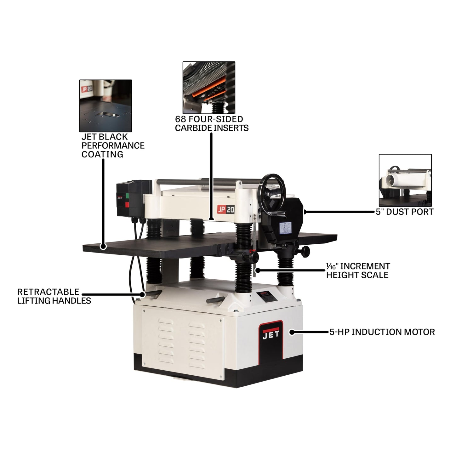JET Black 20-Inch Thickness Planer for Woodworking, Helical Style Cutterhead with 2-Speed (24 FPM / 31 FPM) Feed Rate, 5 HP, 230V 1Ph (JPW-208HH-BLK)