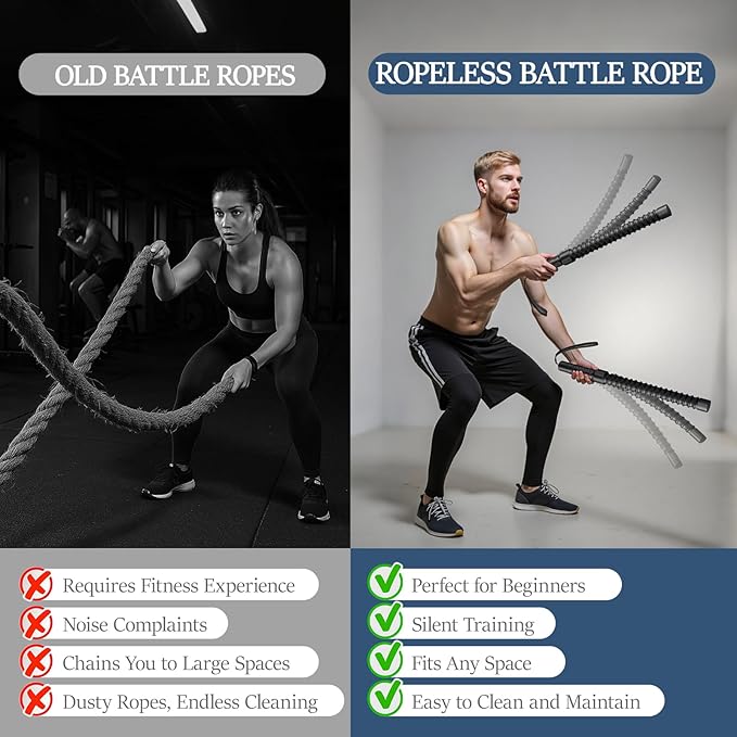 Ropeless Battle Ropes for Exercise Workout, Cordless Jump Rope, Portable Workout for Home Gym, Exercise Battle Ropes for HIIT Workouts, Low-Impact Cardio Training (2 Ropes with Bag)