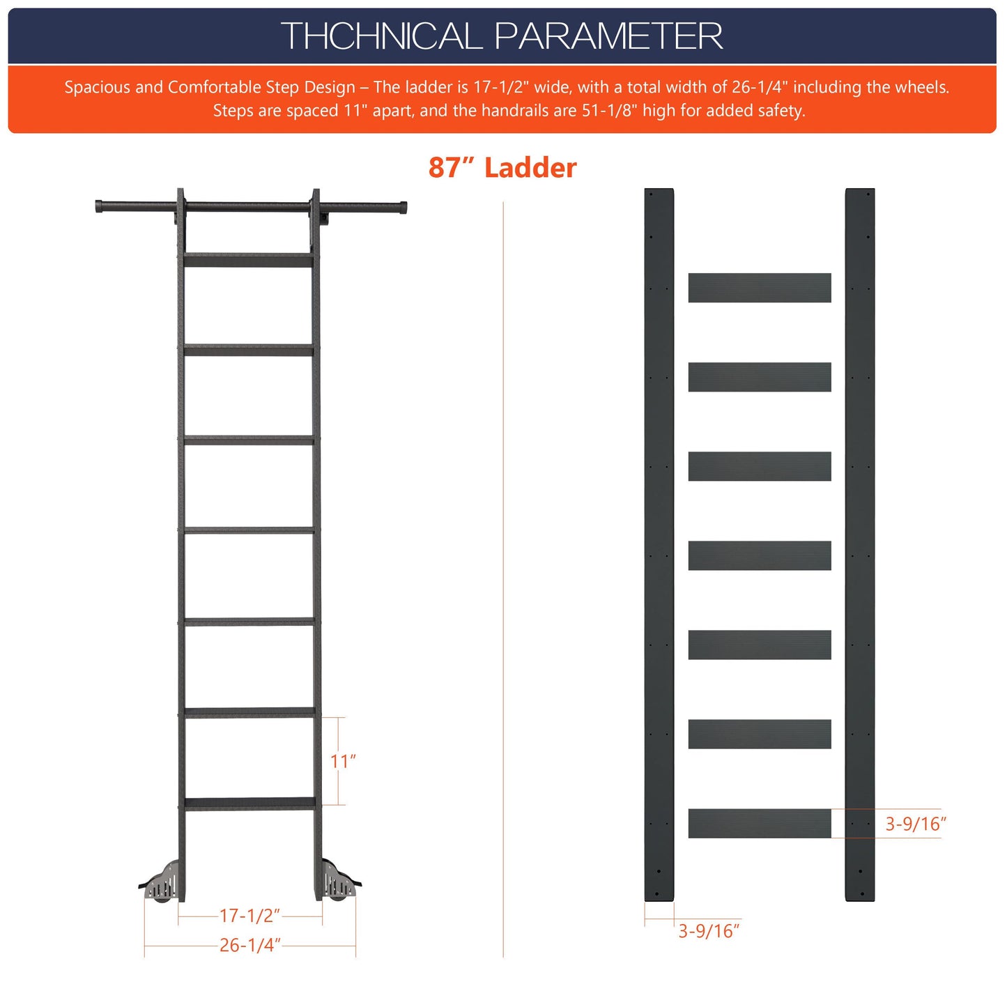 HARDJULAN 87" Black Sliding Library Ladder with 4FT Hook Track – Lightweight Aluminum Rolling Ladder with Braking Wheels, Space-Saving Rail Mounted Ladder System for Home Library, Closet & Storage