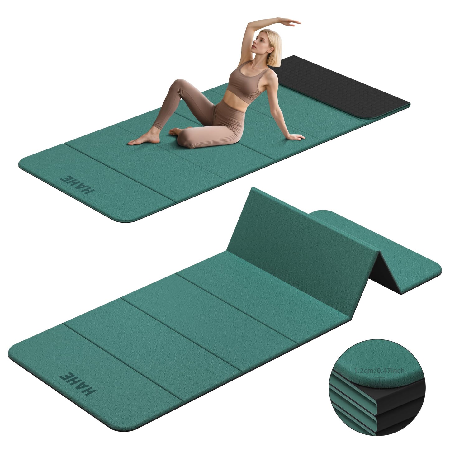HAHE 7-Fold Design Extra Thick Yoga Mat 72"L x 24"W x 0.47",TPE Fitness Exercise Mats, Non-Slip Foldable Yoga Mat, High Density, Portable for Men & Women, Yoga, Pilates, Home Gym (Dark Green & Black)