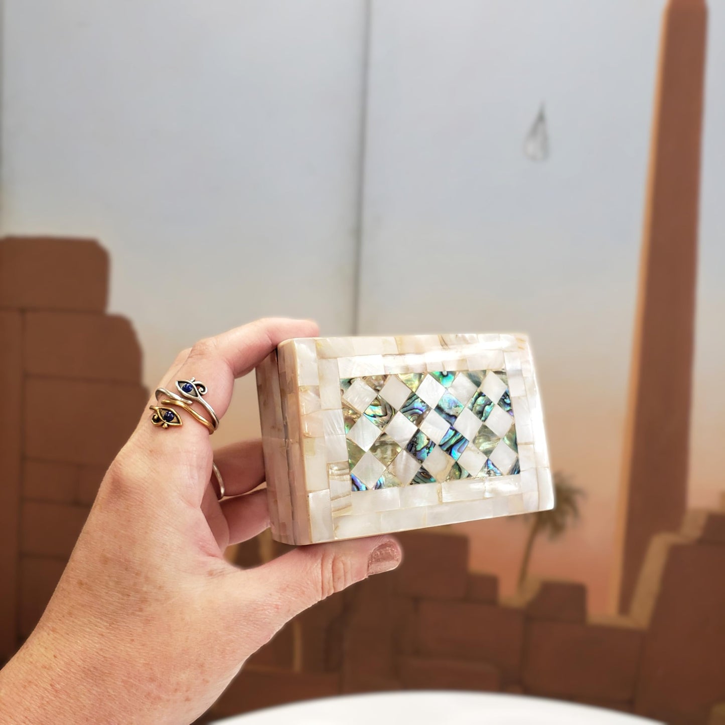Egyptian Wooden Jewelry Box with Mother of Pearl Inlaid - White Rectangle Unique Gift Container - Arabesque Pattern Design - Velvet Lined - Made in Egypt