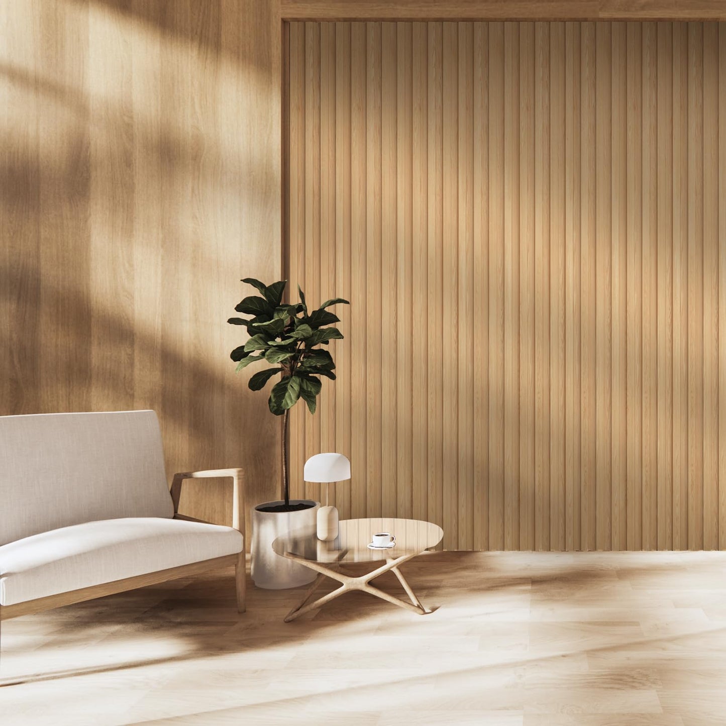 OUZUGIE WPC Acoustic Slat Wall Paneling, 8-Pack 114 x 6 Inches 3D Wall Panels for Interior Wall Decor,Living Room,TV Background,Study Room,Office Spaces,Bedroom,High Grille (Oak)