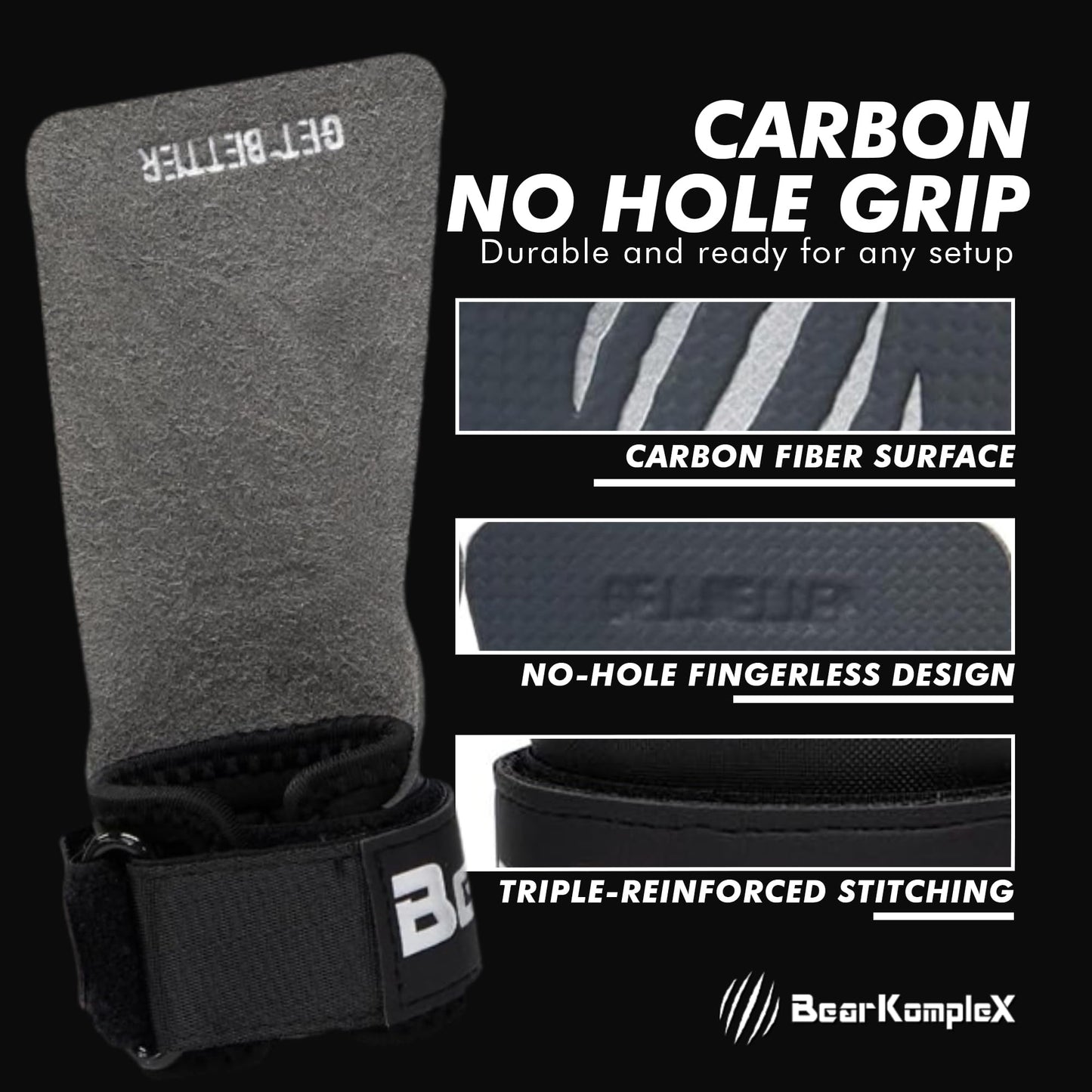 Bear KompleX - Premium Hand Grips for Fitness & Gymnastics, No-Slip Pull Up Grips for Weight Lifting, Strength Training, and Bar Work, Palm Protection with Padded Wrists, Carbon No-Hole Design - Large