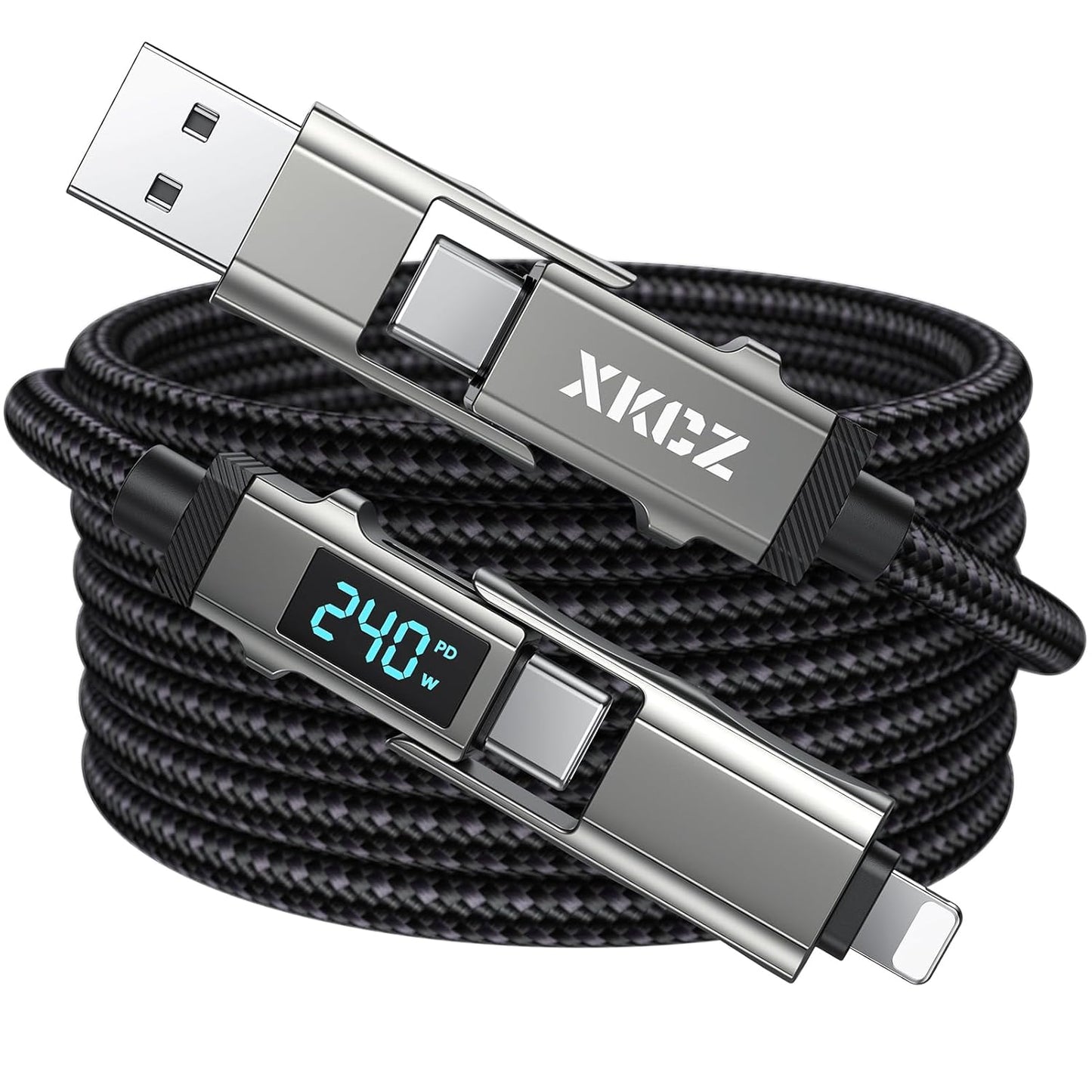 4 1 240W 5FT in USB C Cable with Wattage Display, Round Nylon Braided Multi Charging Cable with Data Sync, USB C