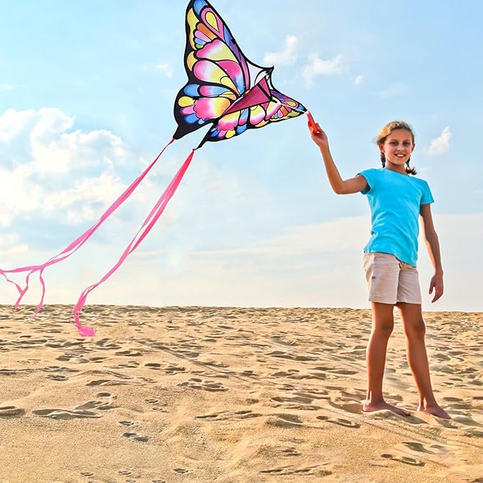 Simxkai Butterfly Kite for Kids & Adults, Easy to Fly Blue Big Kite for Beginners, Line Handle Included (1Pack 2Pack)