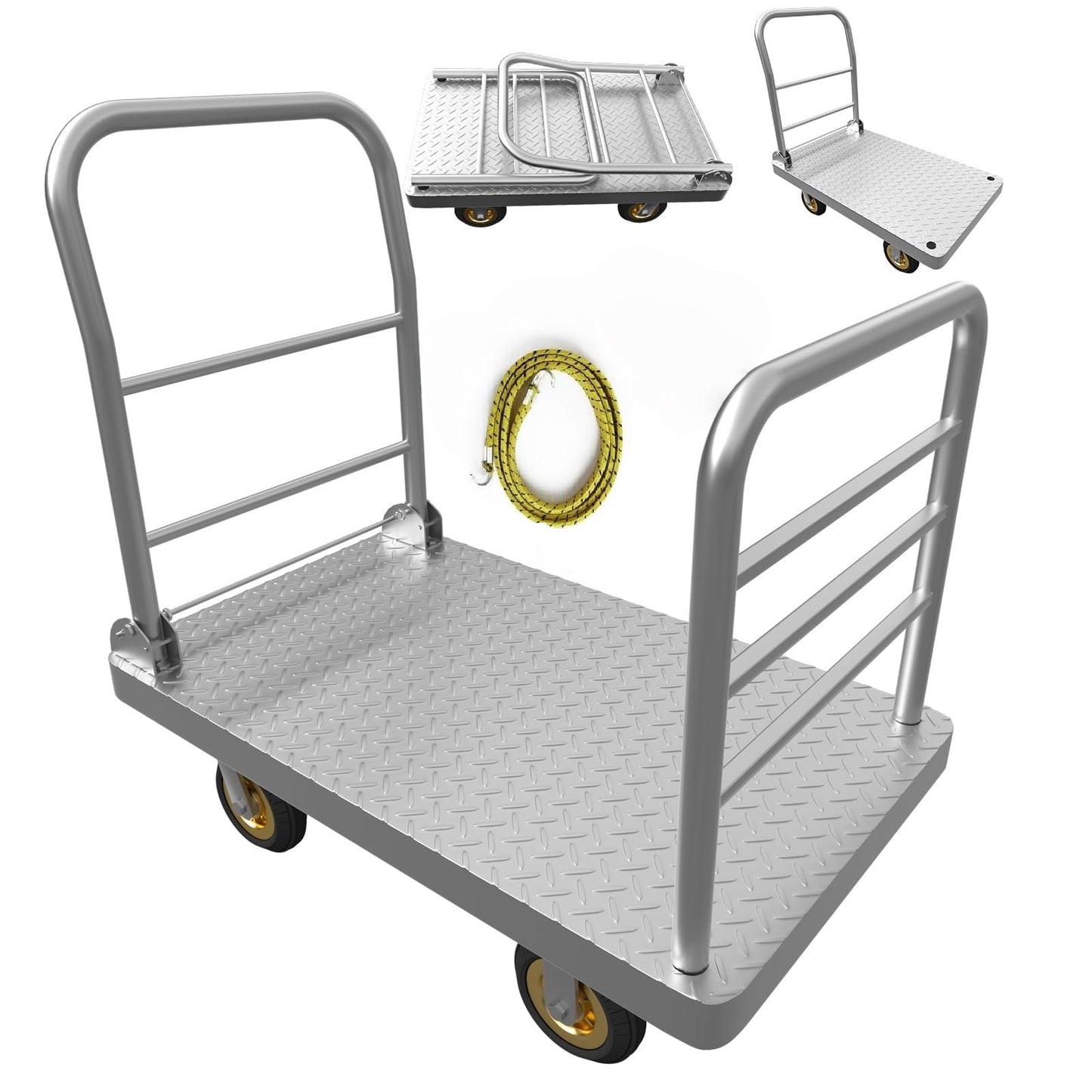 Lomive 2IN1 48"×24" Platform Truck Cart 2650lbs Heavy Duty Flatbed Cart Dolly w/Detachable Rear Guardrail and Swivel Casters, Push Cart, Work Gloves 2Pairs & 1 Bunge Cord Included