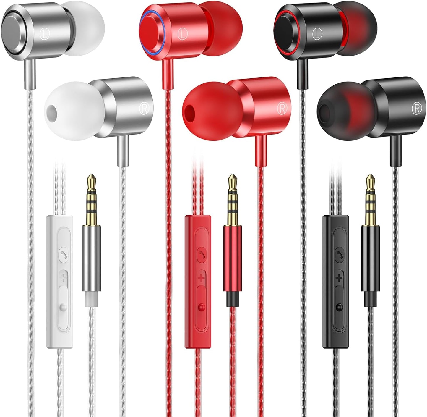 3 Pack MP3 3.5mm Wired Earbuds with Microphone, In-Ear Headphones Wired with Noise Blocking &Volume Control, Premium