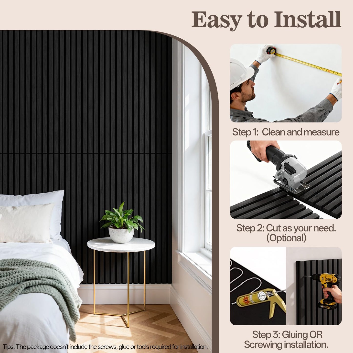 4 Pack Wood Panels for Wall, 47.24" x 23.81" Acoustic Wood Slat Wall Panel for Interior Decor & Noise Reduction, Soundproof Wood Wall Panel, Sound Absorbing Wall Panels for Home Office Studio, Black