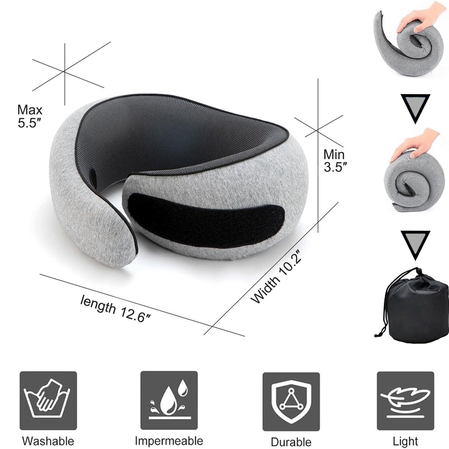 Neck Pillow for Traveling, Travel Neck Pillow for Airplanes, 100% Pure Memory Foam, 360° Support Stowable Pillows for Sleeping, Breathable & Washable Cover, Compact for Travel, Car & Office (Gray)