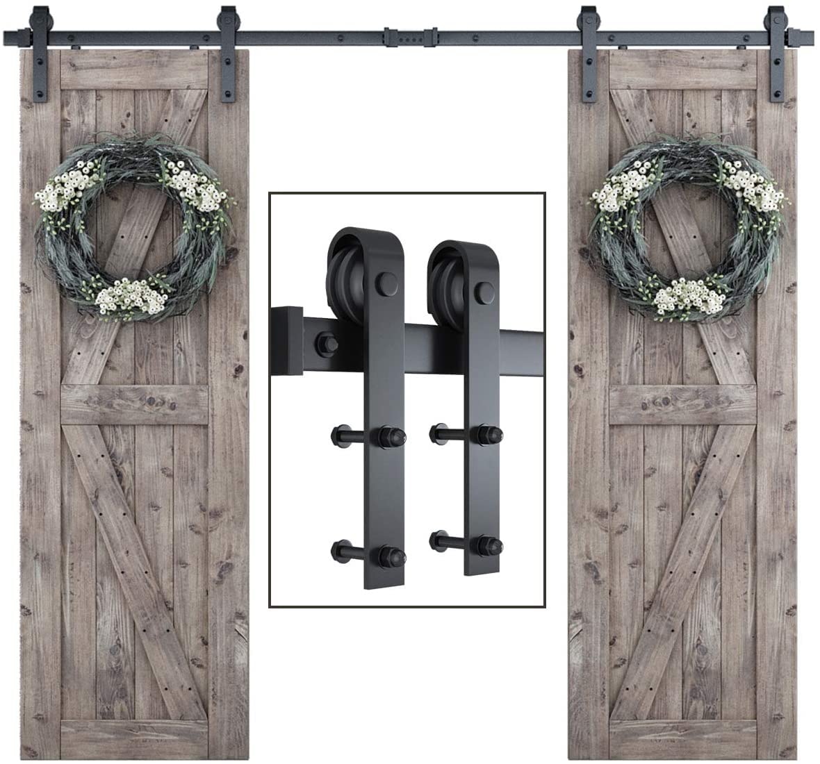 SMARTSTANDARD 8 FT Double Barn Door Hardware Kit, Sliding Door Track-Smoothly and Quietly -Includes Detailed Installation Fit 24" Wide Doorpanel (J Shape Hanger) Black