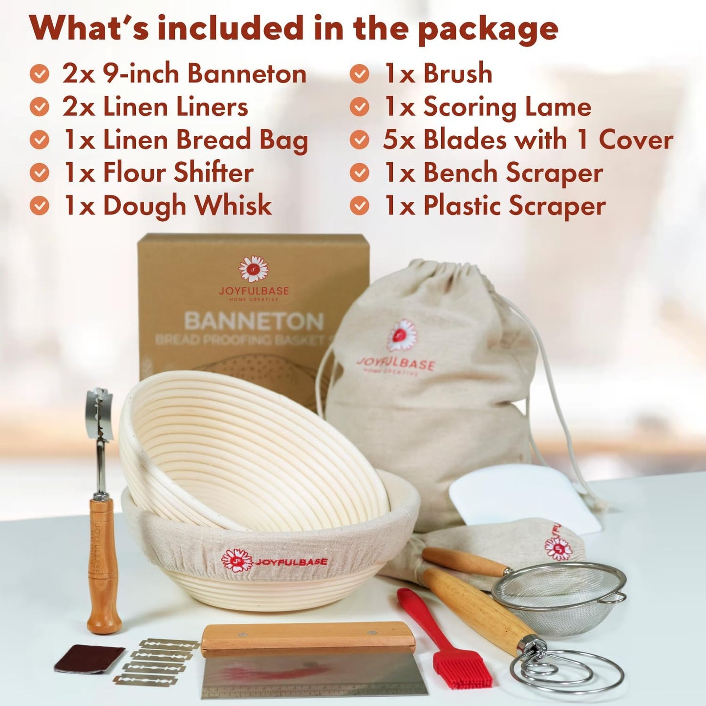 Banneton Bread Proofing Basket Set - 9-Inch Round Artisan Sourdough Baking Kit with Tools & Liners