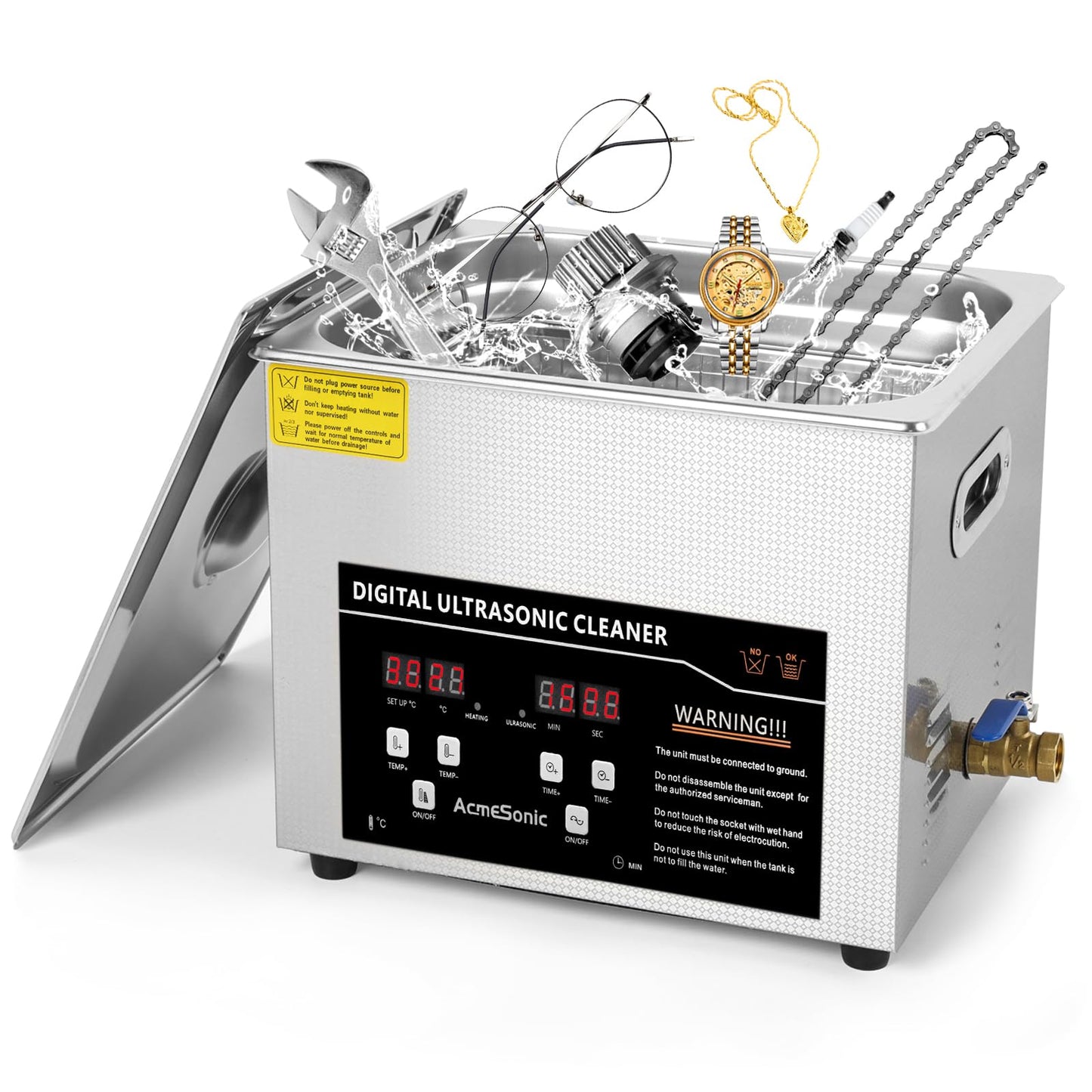 ACMESONIC Ultrasound Cleaning Machine 10L Digital Ultrasonic Parts Cleaner with Timer 40kHz SUS 304 Stainless Steel Lab Sonic Cleaner for Professional Tools,Metal Parts,Jewelry,Eyeglasses