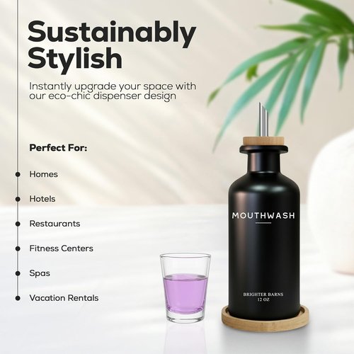 Brighter Barns Black Glass Mouthwash Dispenser - Stylish Bathroom Decor for Home, Gym & Gifts