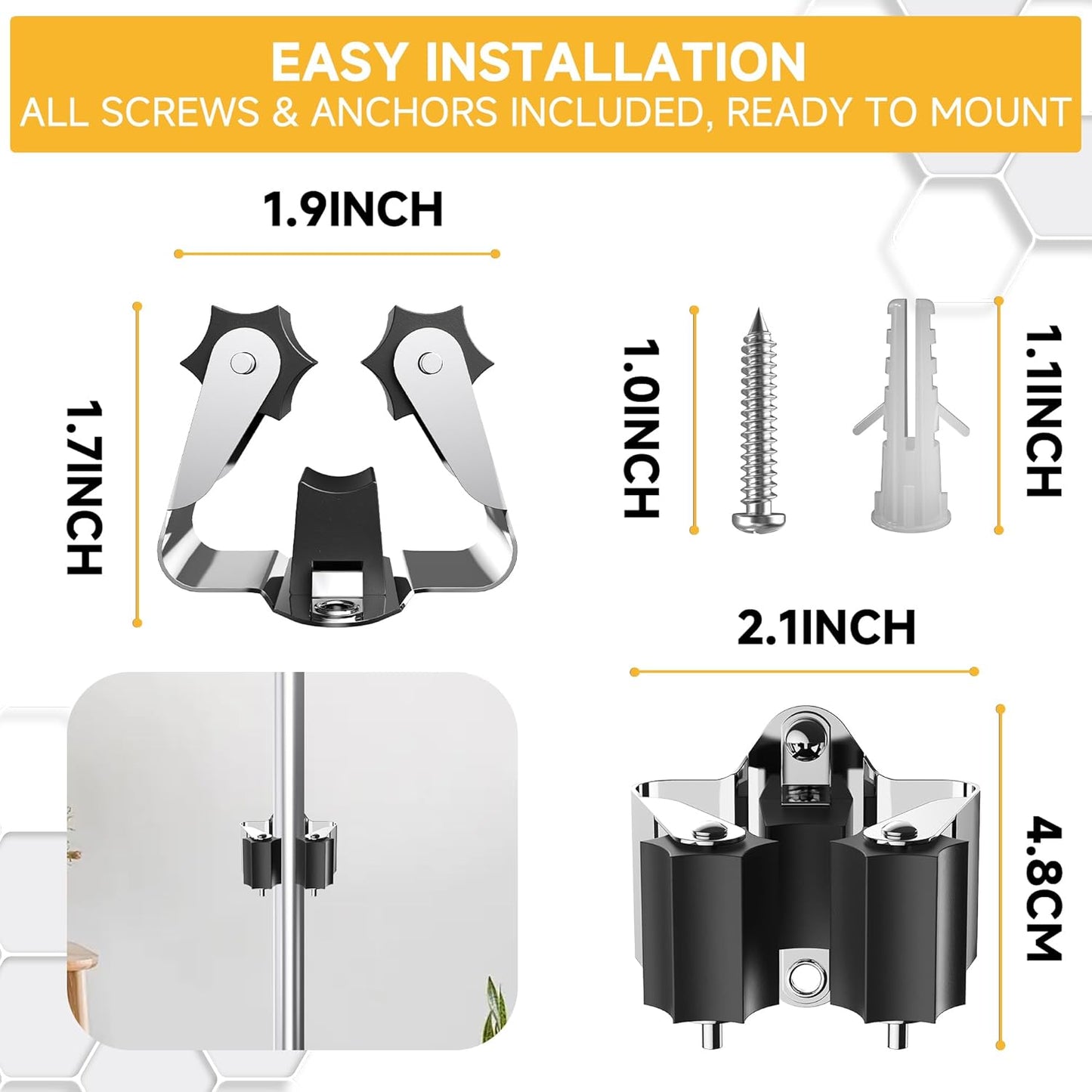Skiennix Broom Holder Wall Mount - 3 Pack with Star Shaped Rubber Rollers & Durable Nickel Plated Brackets for Garden Tool Organization
