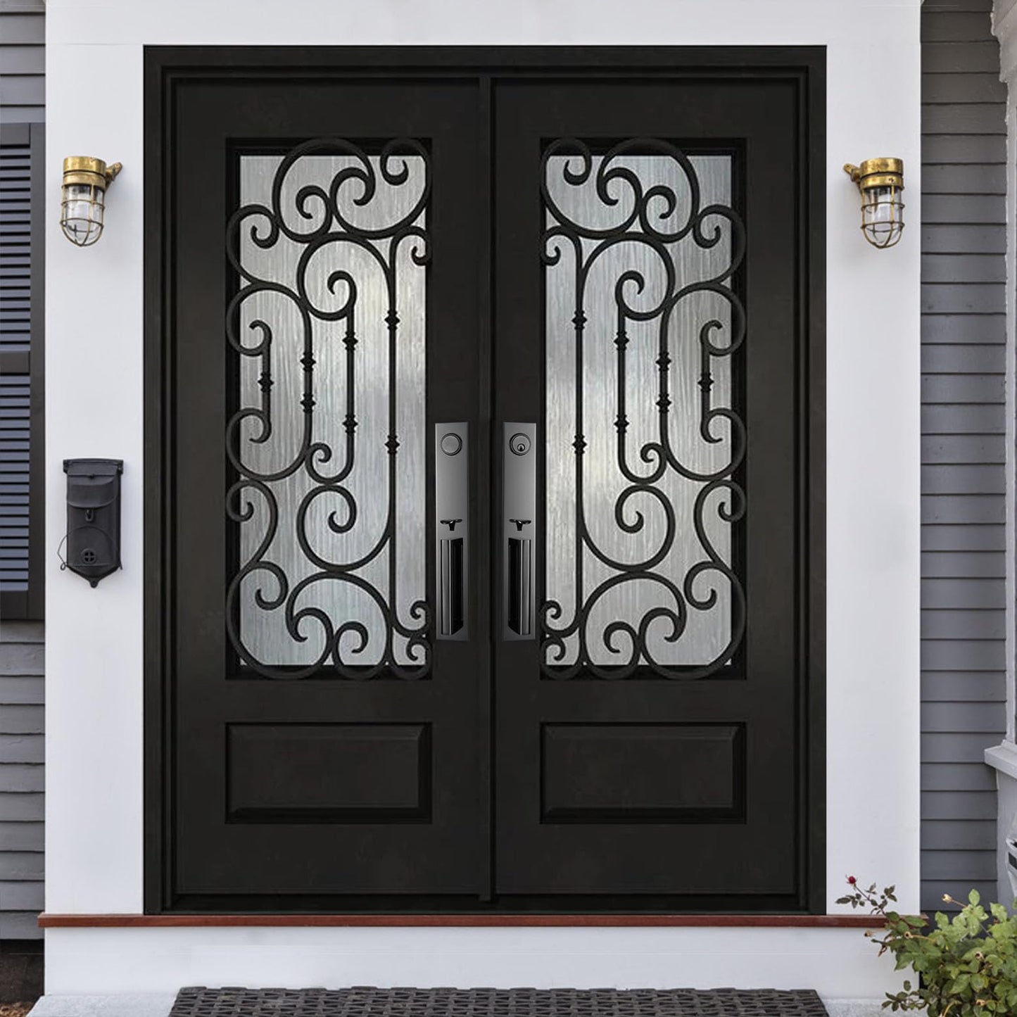 BGW Doors Matte Black Iron Double Front Entry Door with Tempered Privacy Glass, Prehung Pre-Finished Exterior Door, Right Inswing, 30x30x80